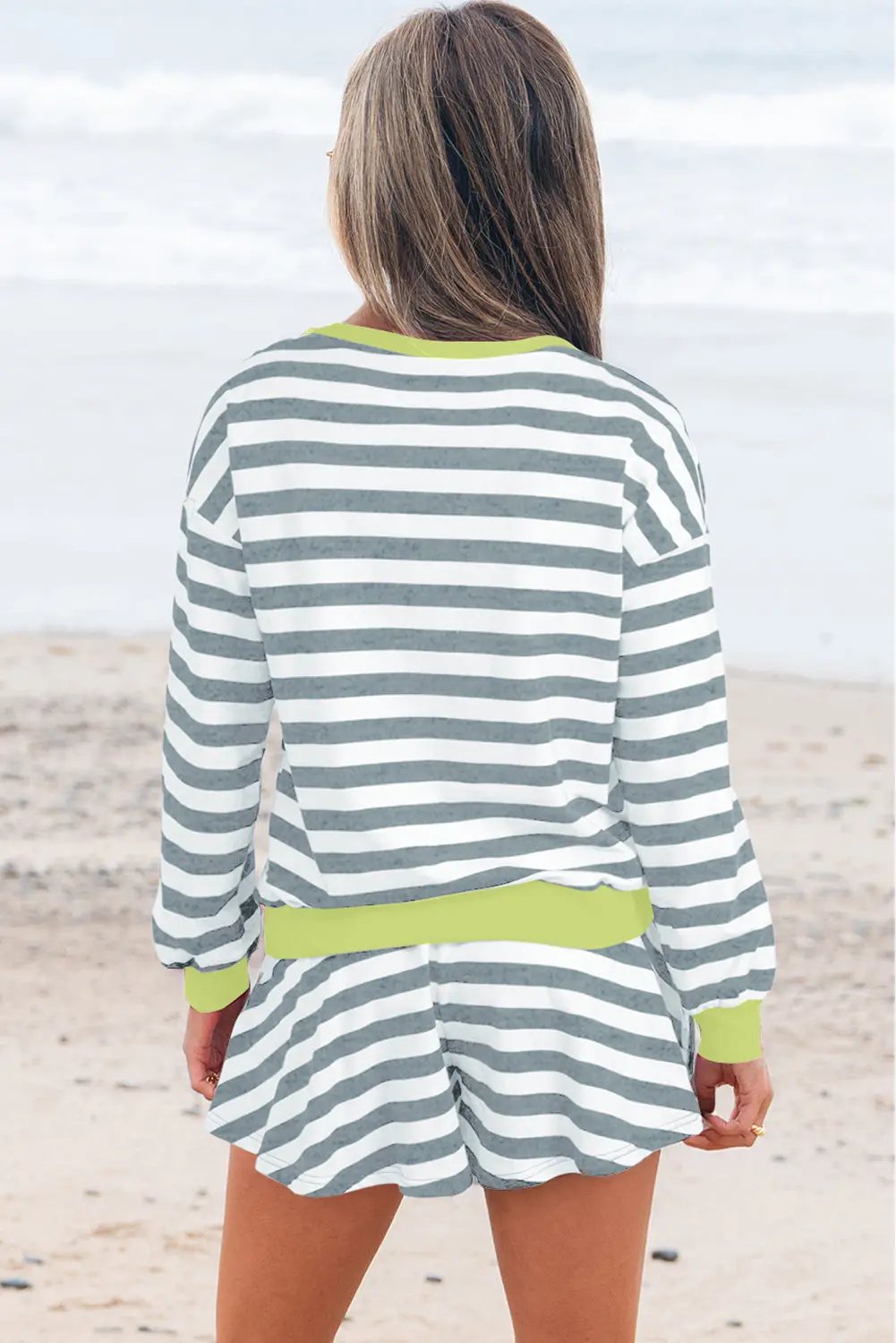 Premium Gray Stripe Ribbed Long Sleeve Blouse Plus Shorts Set Dear-Lover Dropshipping